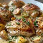 Close-up of a dish featuring juicy chicken thighs and baby potatoes topped with Dijon cream sauce.