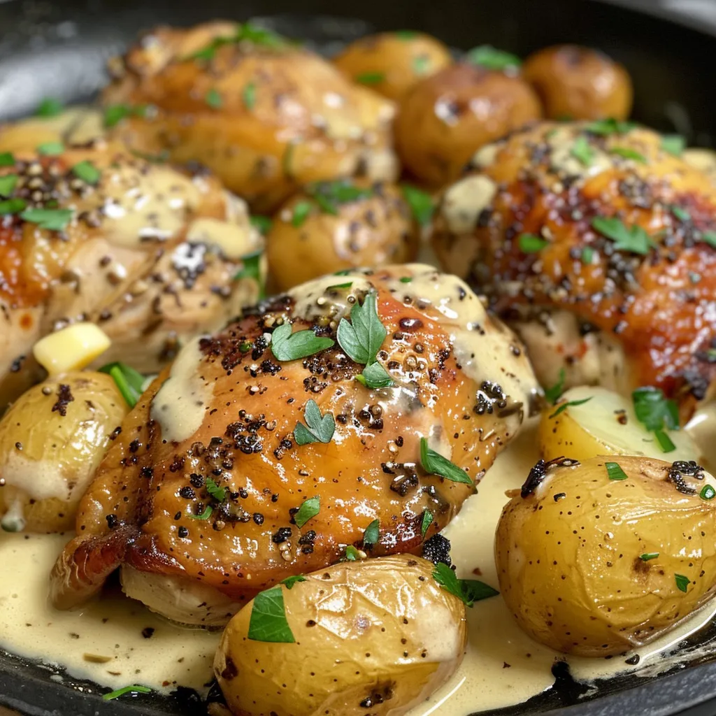 Side view of Chicken Potatoes with a creamy Dijon sauce, garnished with fresh parsley.