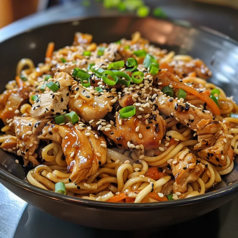 Close-up view of Chicken Teriyaki Noodles with sliced chicken, noodles, and garnishes.