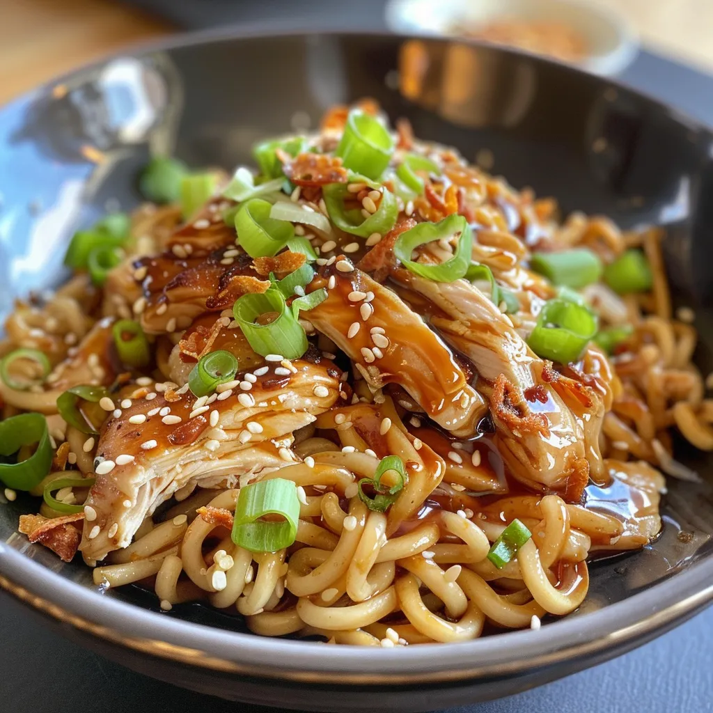 Side view of a bowl of Chicken Teriyaki Noodles, showcasing vibrant ingredients and sauce.