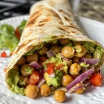 A close-up view of a Chickpea and Avocado Wrap filled with vibrant ingredients.
