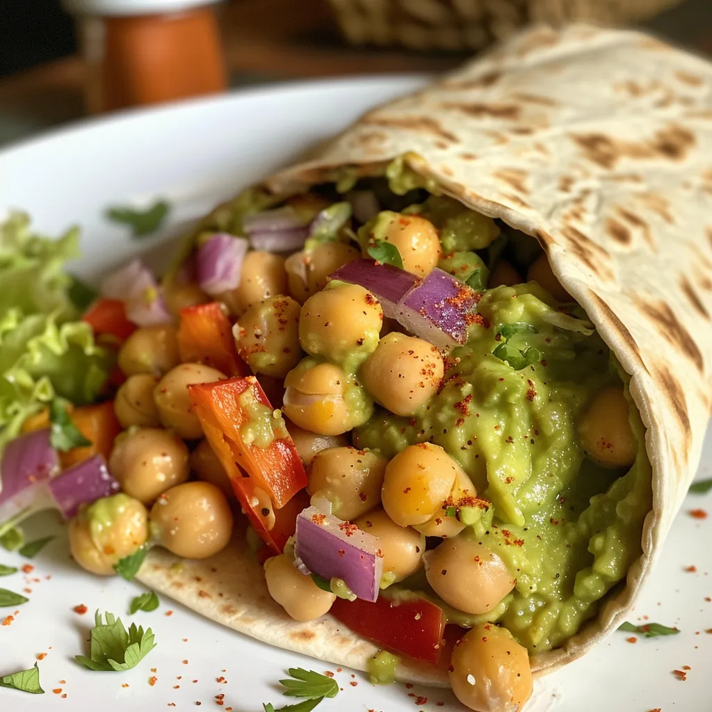 Side view of a colorful Chickpea and Avocado Wrap showcasing fresh vegetables.