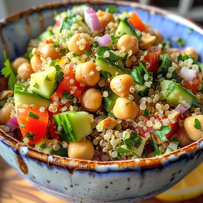 Close-up view of a vibrant Chickpea Quinoa Salad with fresh ingredients.