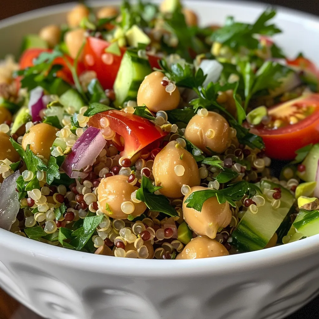 Side angle of a colorful salad featuring chickpeas, quinoa, cucumber, and avocado.