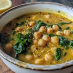 Close-up view of a bowl of hearty chickpea spinach soup with vibrant greens and a drizzle of olive oil.