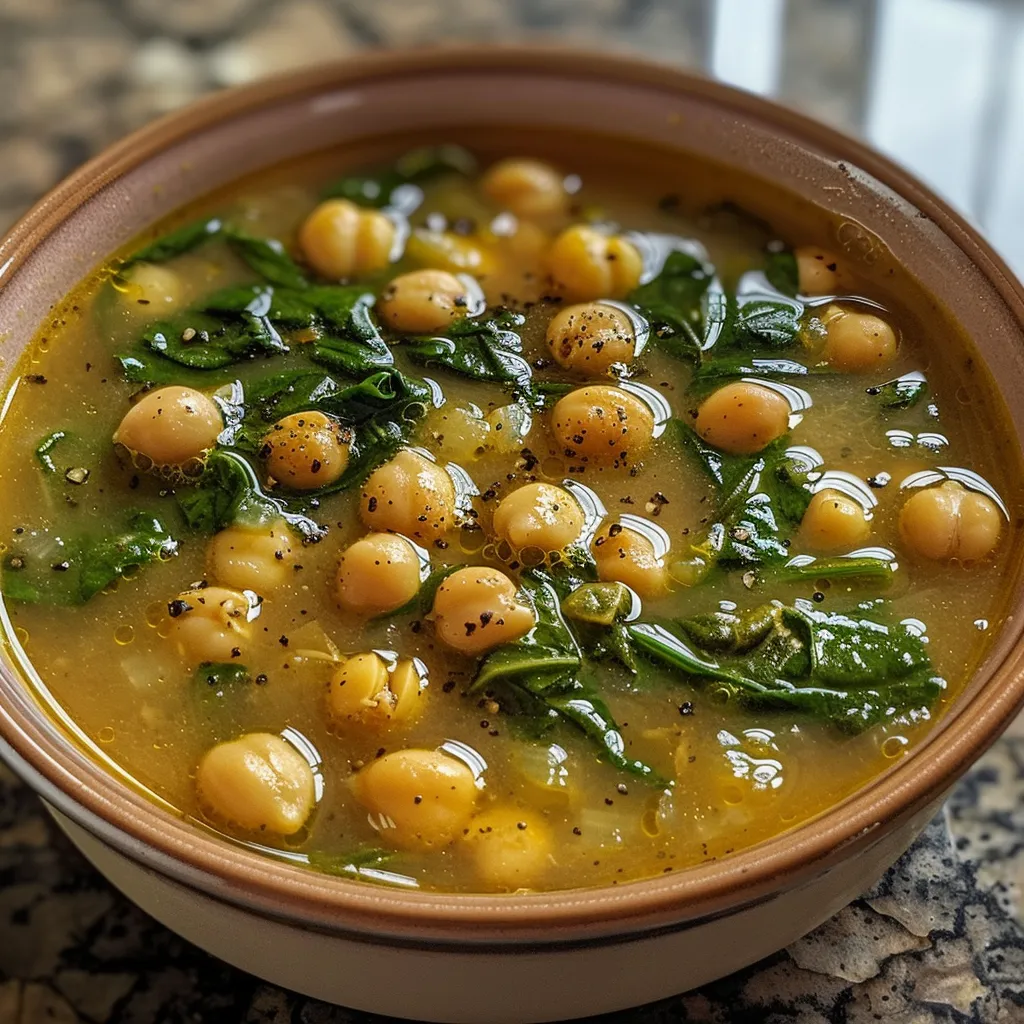 Side view of a delicious chickpea and spinach soup, showcasing the chunky ingredients and rich color.