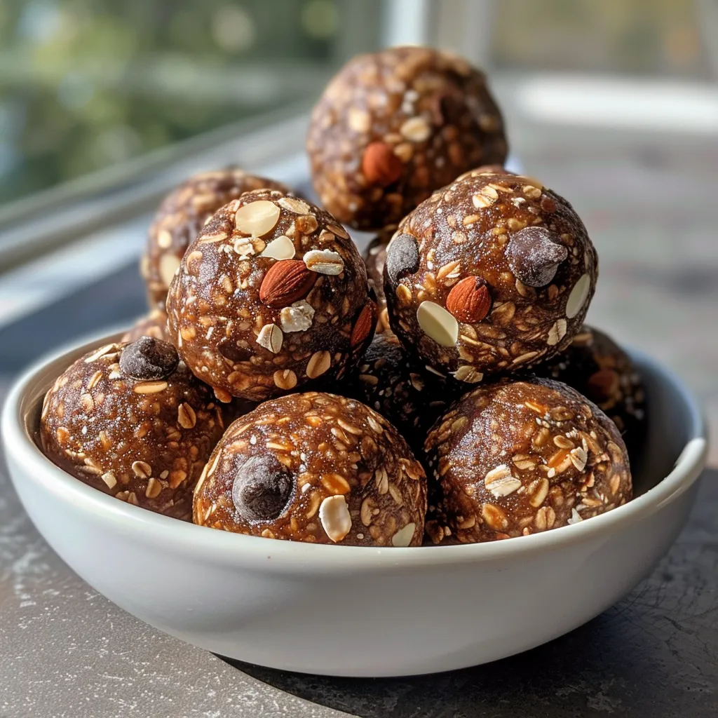 Juicy chocolate almond butter energy balls displayed with a textured background.