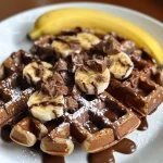 Close-up of chocolate and banana protein waffles stacked on a plate.