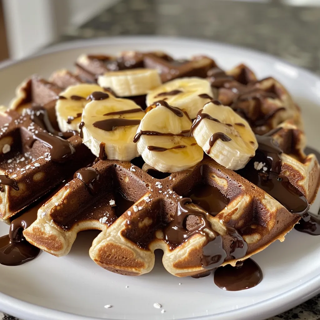 Side view of golden brown protein waffles topped with banana slices and chocolate drizzle.