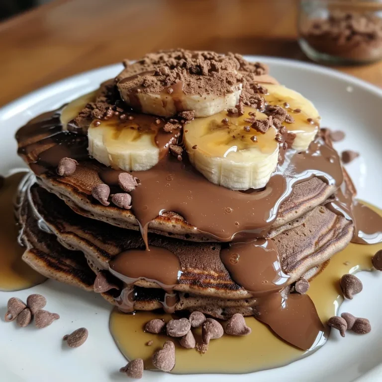 A close-up side view of rich, chocolate banana pancakes topped with sliced bananas and goldenberries.