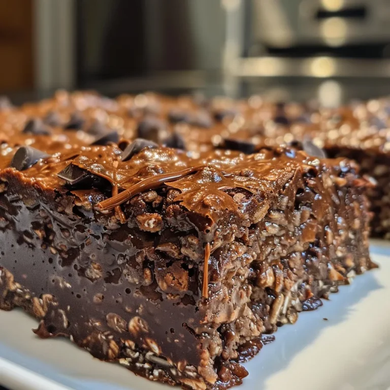 A close-up side view of a delicious chocolate brownie baked oatmeal dish in a rustic setting.