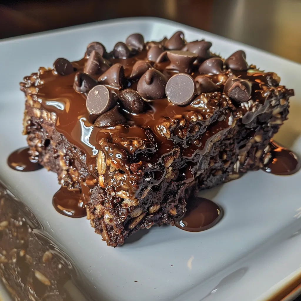 Juicy chocolate brownie baked oatmeal served in a bowl, with visible dark chocolate chips on top.