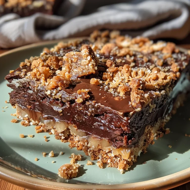 Dive into Decadence: Your New Favorite Chocolate Caramel Crumble Slice Close-up view of a Chocolate Caramel Crumble Slice with a layered texture.