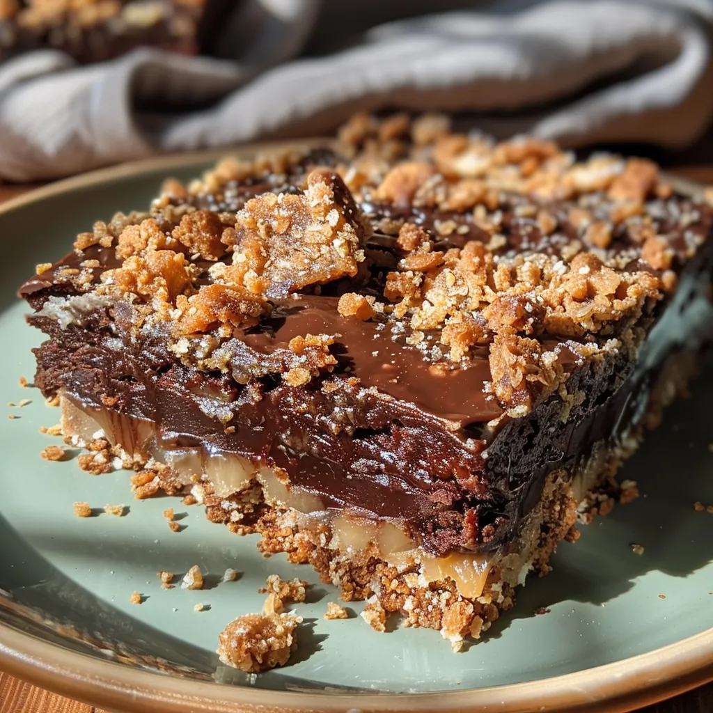 Close-up view of a Chocolate Caramel Crumble Slice with a layered texture.