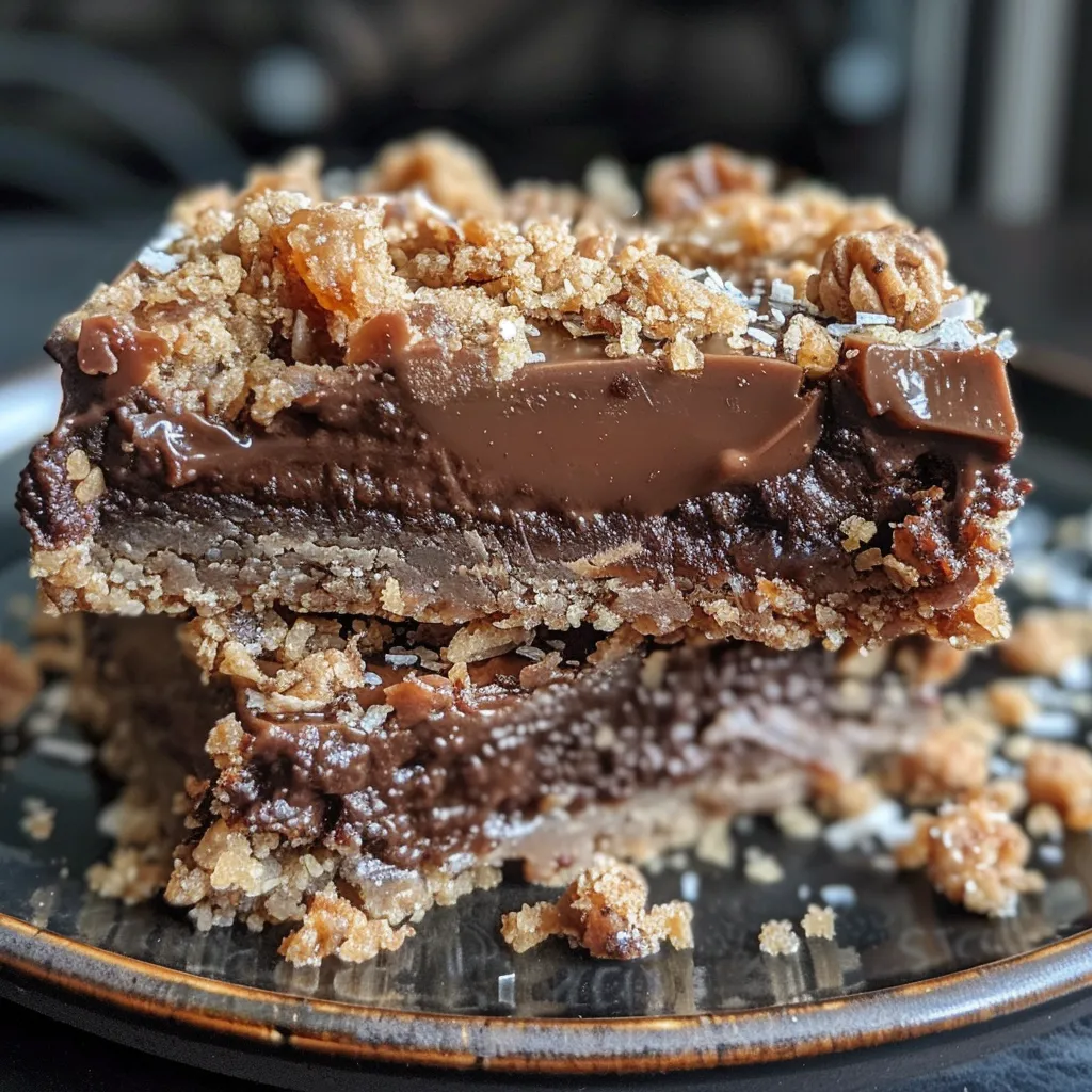 Side view of a decadent Chocolate Caramel Crumble Slice showcasing its rich layers.