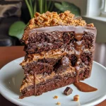 A close-up side view of a Chocolate Caramel Toffee Crunch Cake with a rich, glossy caramel drizzle.