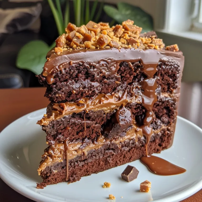 A close-up side view of a Chocolate Caramel Toffee Crunch Cake with a rich, glossy caramel drizzle.