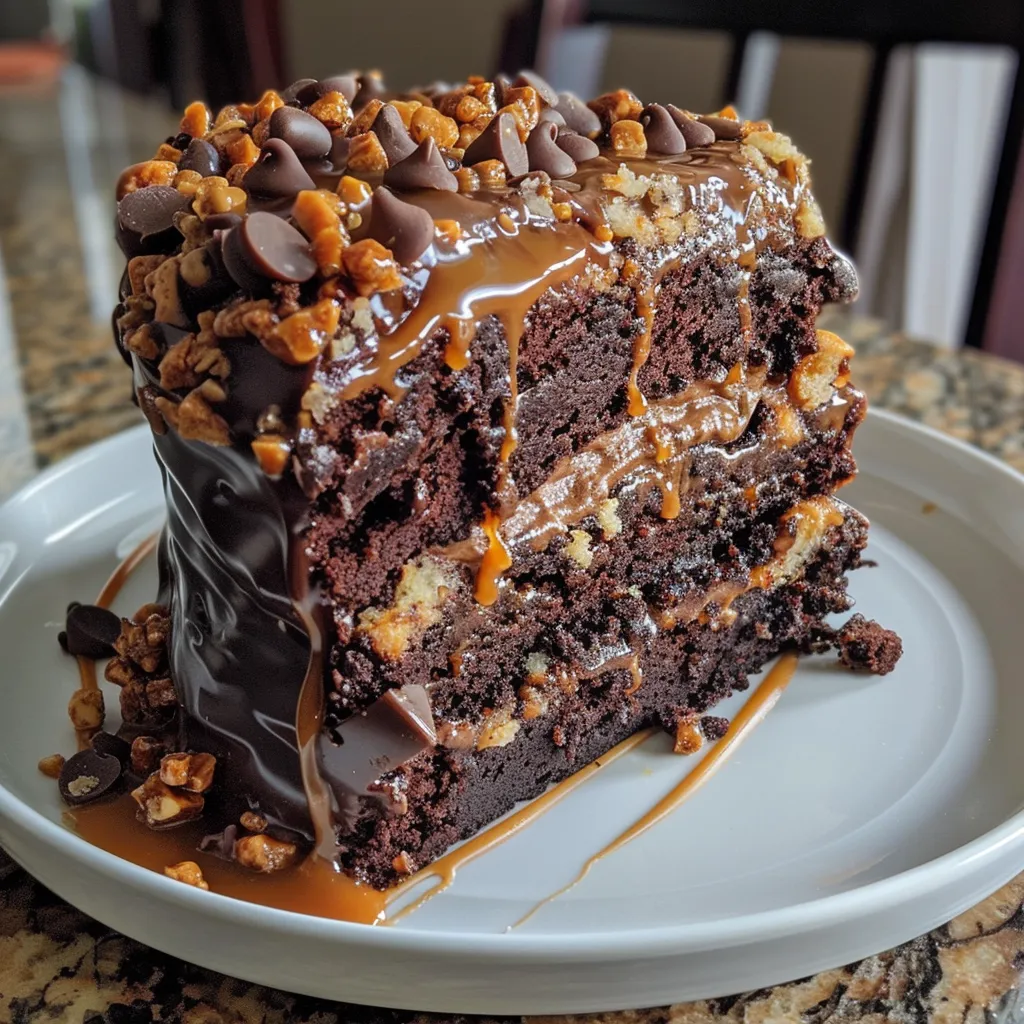 A tempting slice of Chocolate Caramel Toffee Crunch Cake showcasing layers of chocolate, caramel, and toffee bits.