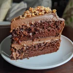A close-up side view of a luscious chocolate caramel toffee crunch cake with layers visible.