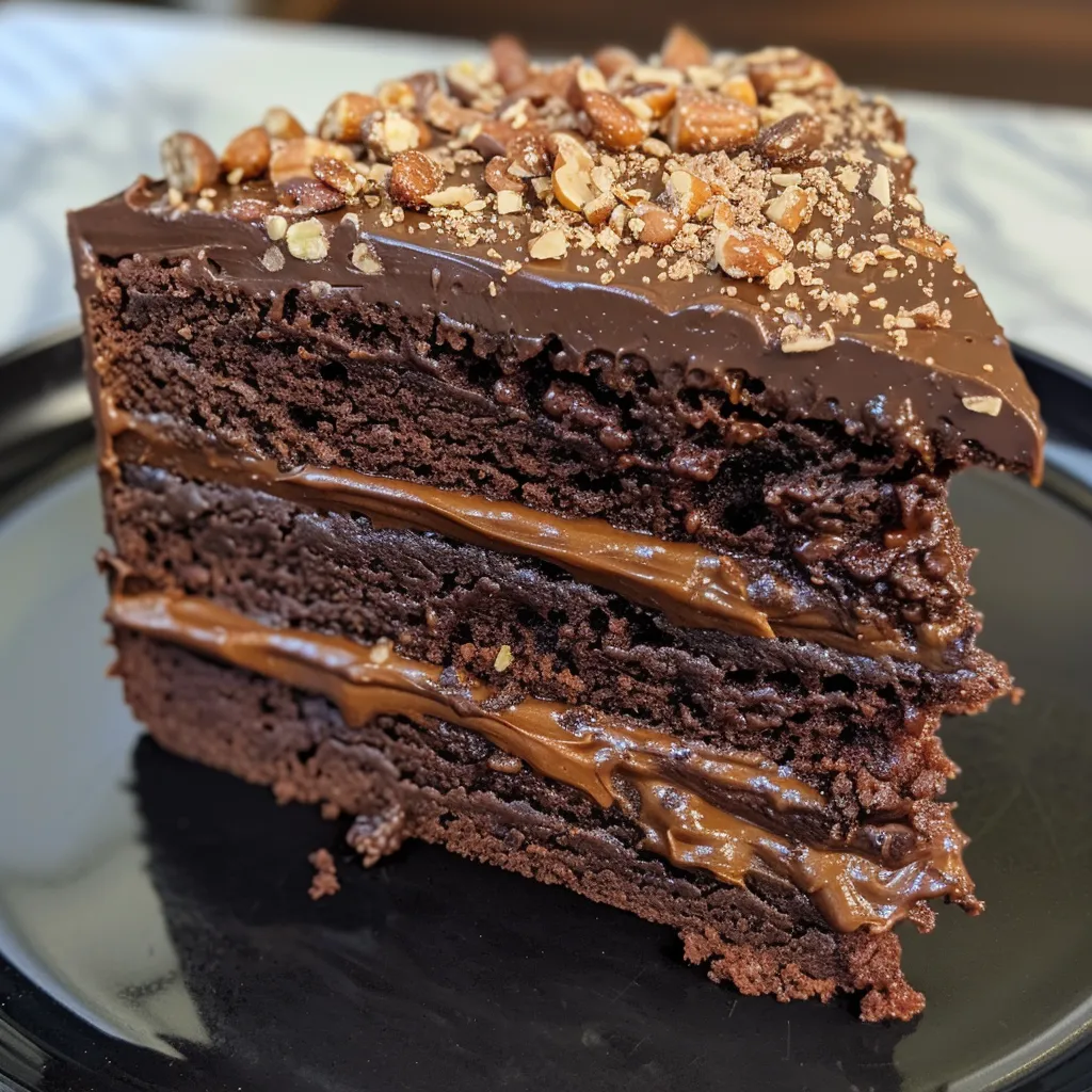 A mouthwatering slice of chocolate cake topped with caramel frosting and toffee bits.