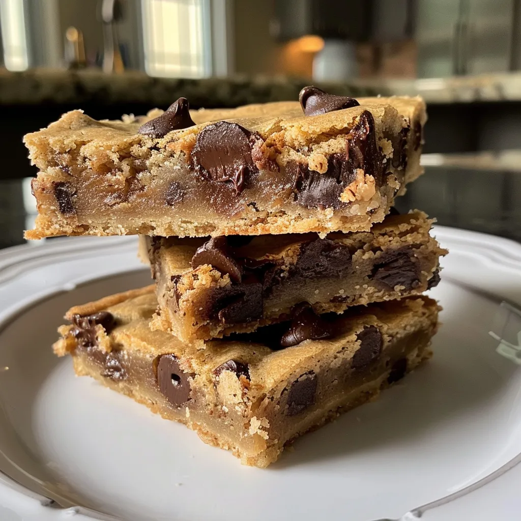 Juicy, golden-brown chocolate chip cookie bars stacked on a plate.
