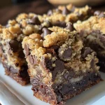 Close-up side view of chocolate chip muffin crumb bars with a golden-brown crust.