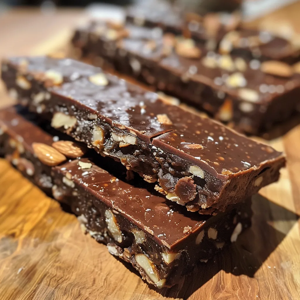 Side profile of rich chocolate bars featuring a mix of chopped nuts and pieces of dates.
