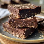 Close-up side view of a chocolate fudge oat bar with a glossy finish.