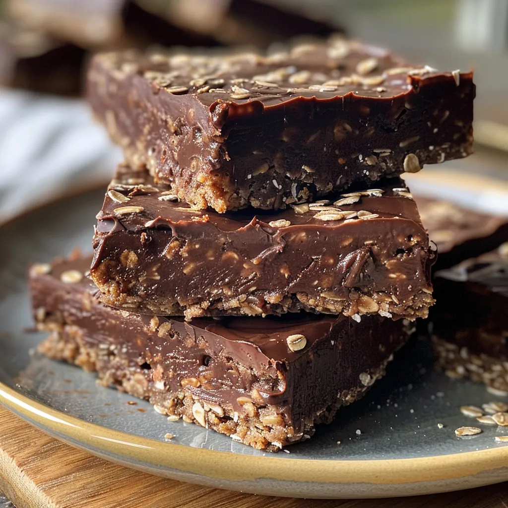 Close-up side view of a chocolate fudge oat bar with a glossy finish.