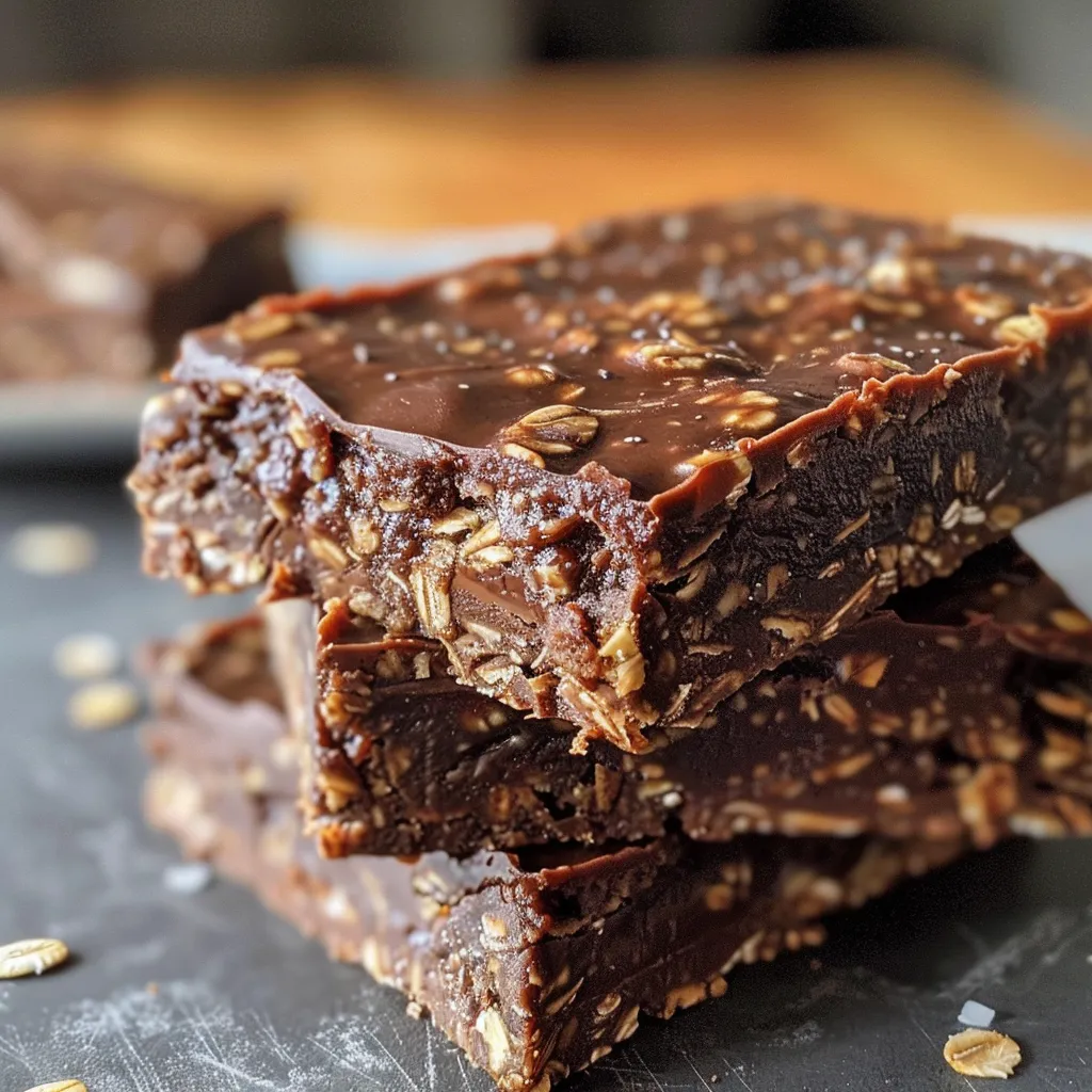 Rich chocolate fudge oat bar showcasing a thick, chewy texture.