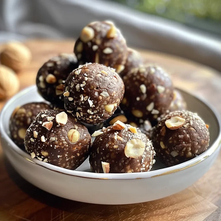 Unleash Your Snack Game Whip Up These Chocolate Hazelnut Energy Balls! Close-up view of chocolate hazelnut energy balls on a plate, showcasing their rich, textured surface.