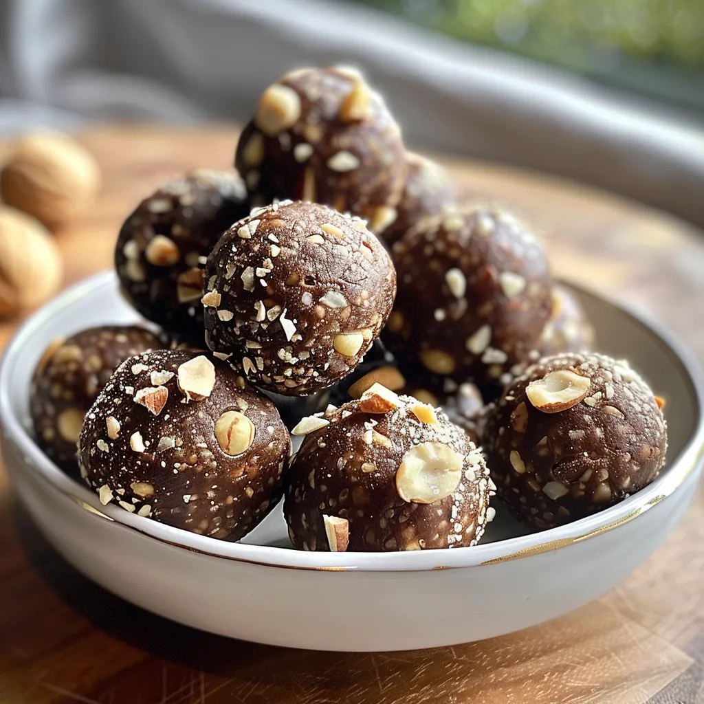 Close-up view of chocolate hazelnut energy balls on a plate, showcasing their rich, textured surface.