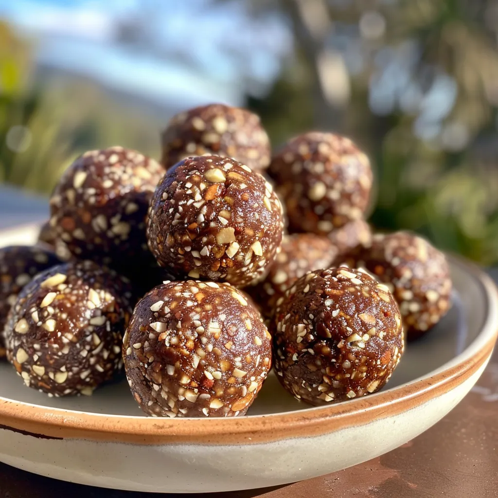 Side view of delicious chocolate hazelnut energy balls, highlighting their round shape and glossy finish.