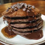 Close-up of a stack of chocolate oat pancakes, showcasing their fluffy texture.
