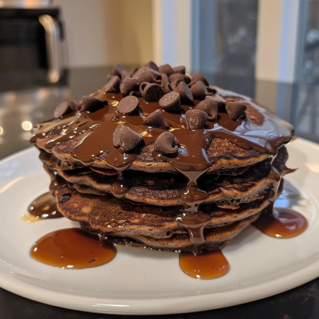 Side view of delicious chocolate oat pancakes topped with melted chocolate chips.