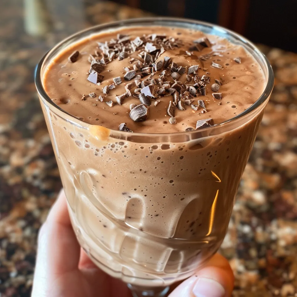 Side view of a delicious smoothie featuring banana slices and a swirl of chocolate.