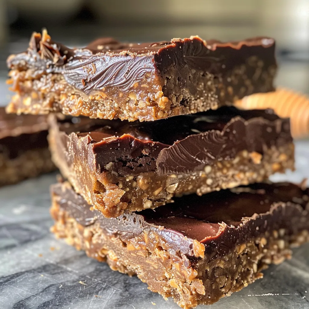 Close-up view of chocolate peanut butter protein bars with a smooth, glossy finish.