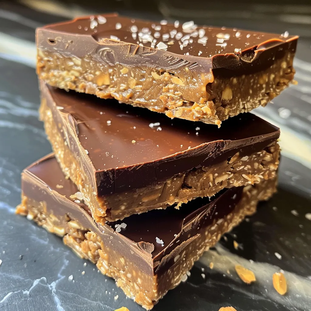Side view of decadent chocolate peanut butter protein bars showcasing their rich texture.