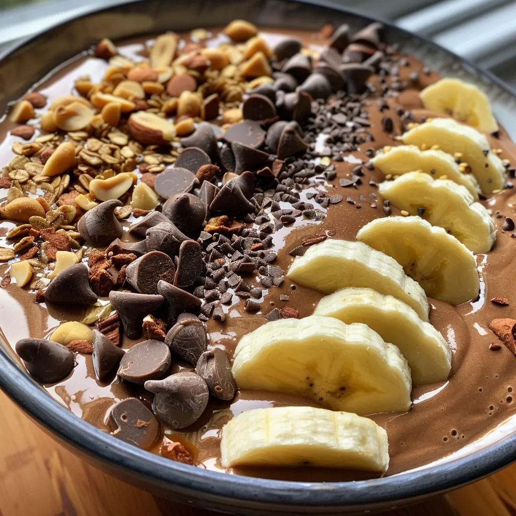 Side view of a creamy chocolate peanut butter smoothie bowl garnished with chocolate chips and chopped peanuts.