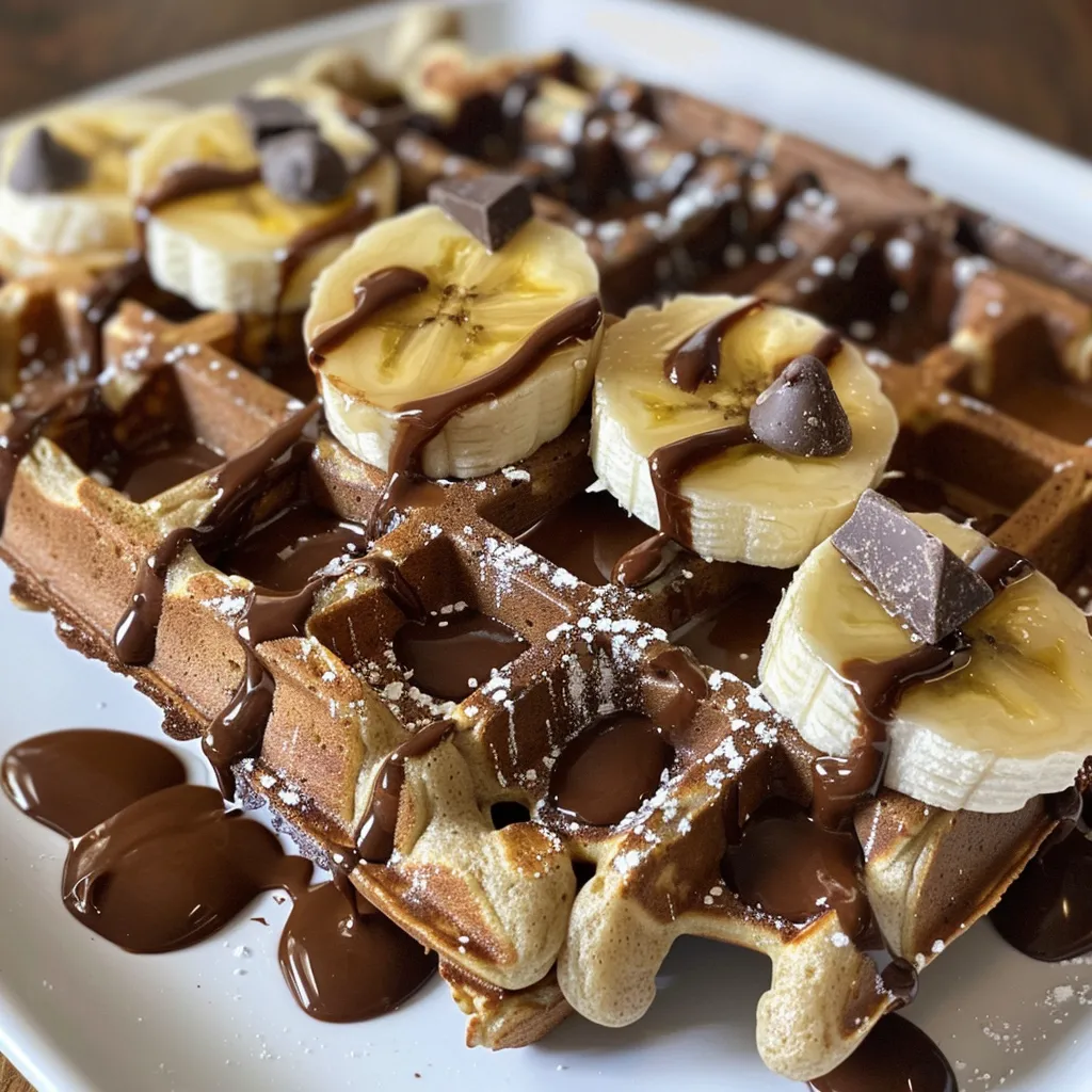 Close-up side view of golden-brown chocolate protein oat banana waffles topped with chocolate chips.
