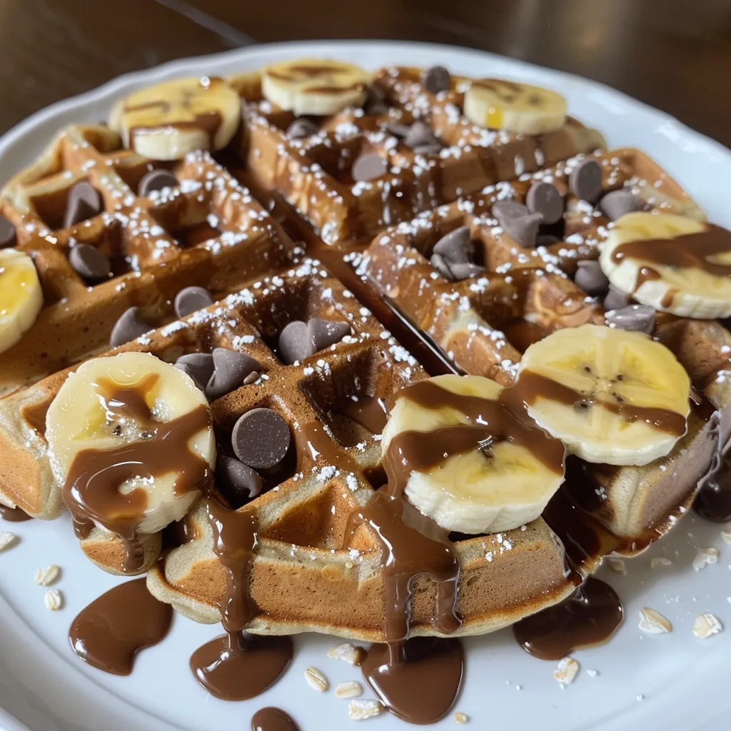 Juicy banana waffles with a rich chocolate color, showcasing a fluffy texture and chocolate drizzle.