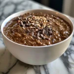 Close-up view of a bowl filled with chocolate protein oatmeal topped with hemp seeds.