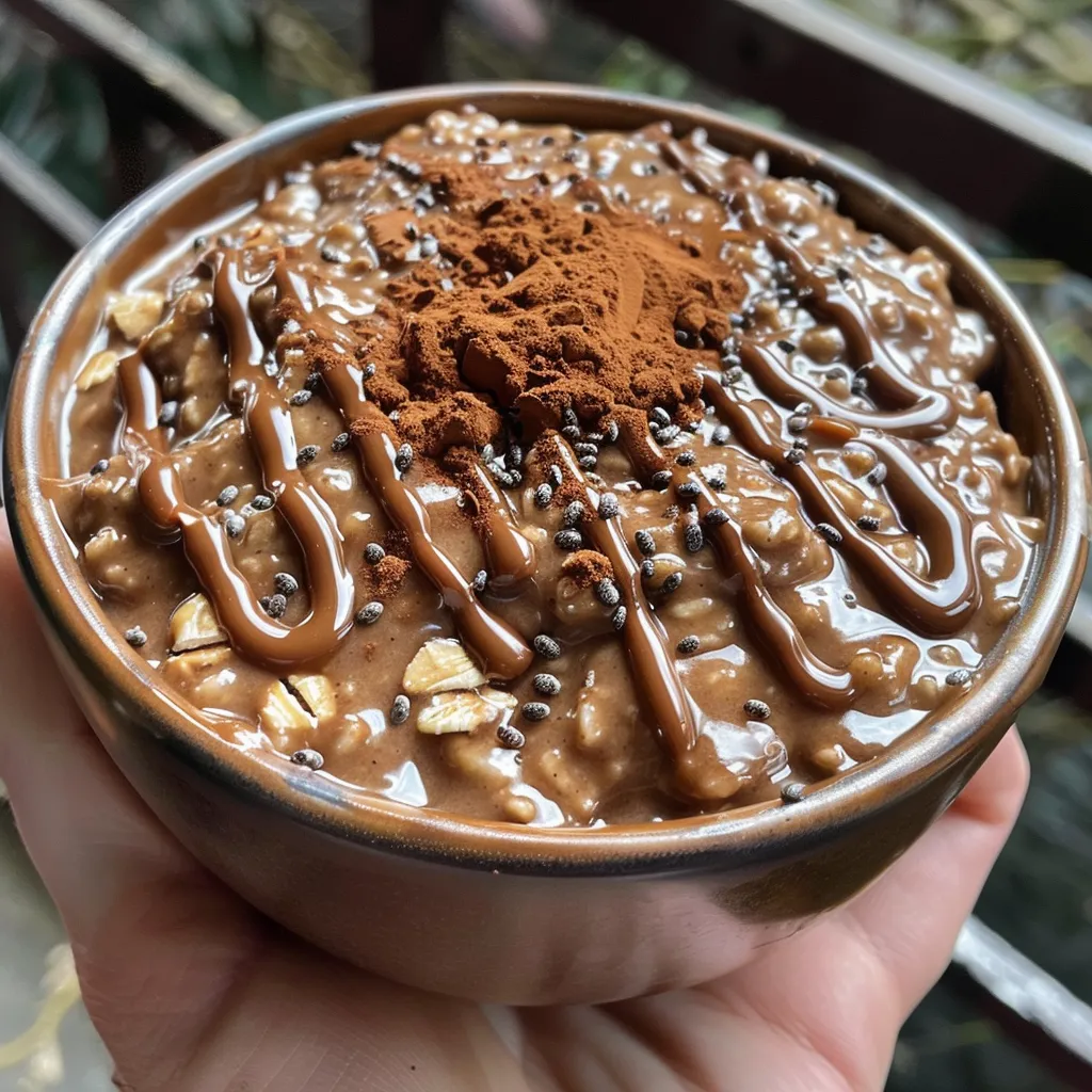 Side view of creamy chocolate protein oatmeal garnished with a drizzle of almond butter.