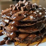 Close-up of fluffy chocolate protein pancakes stacked on a plate.