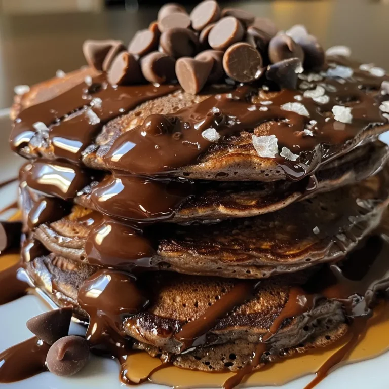 Close-up of fluffy chocolate protein pancakes stacked on a plate.