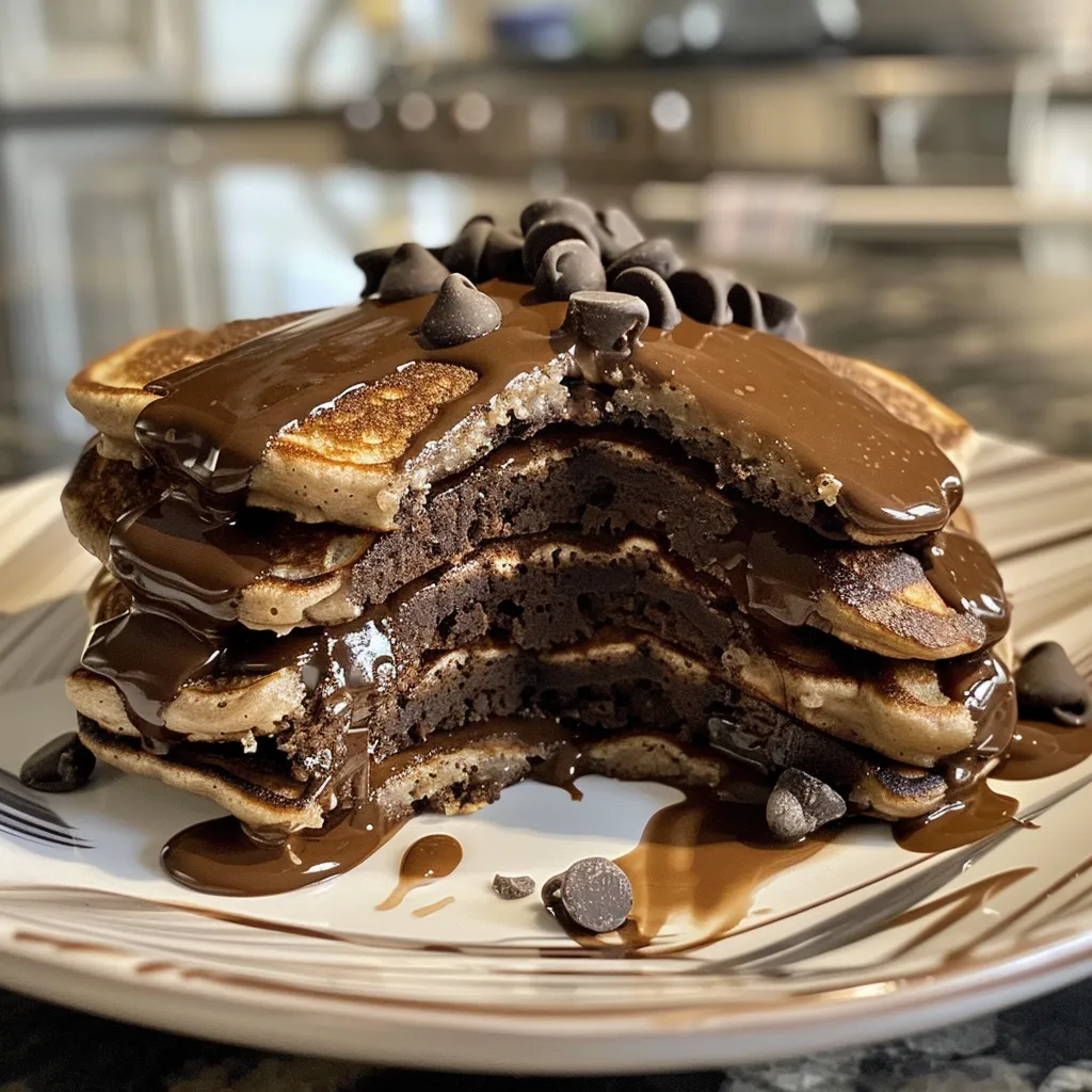 Side view of decadent chocolate protein pancakes topped with chocolate chips.