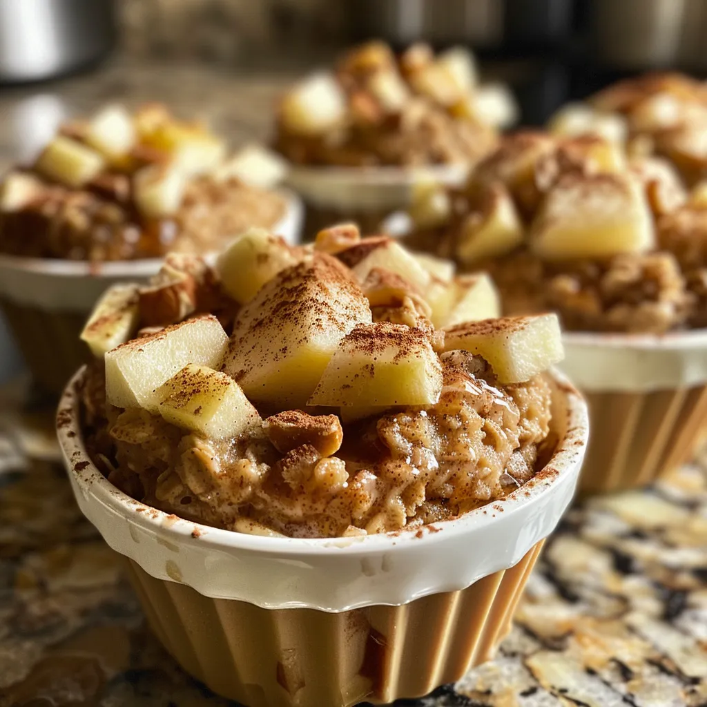 Side view of oatmeal protein cups filled with diced apples and a sprinkle of cinnamon.
