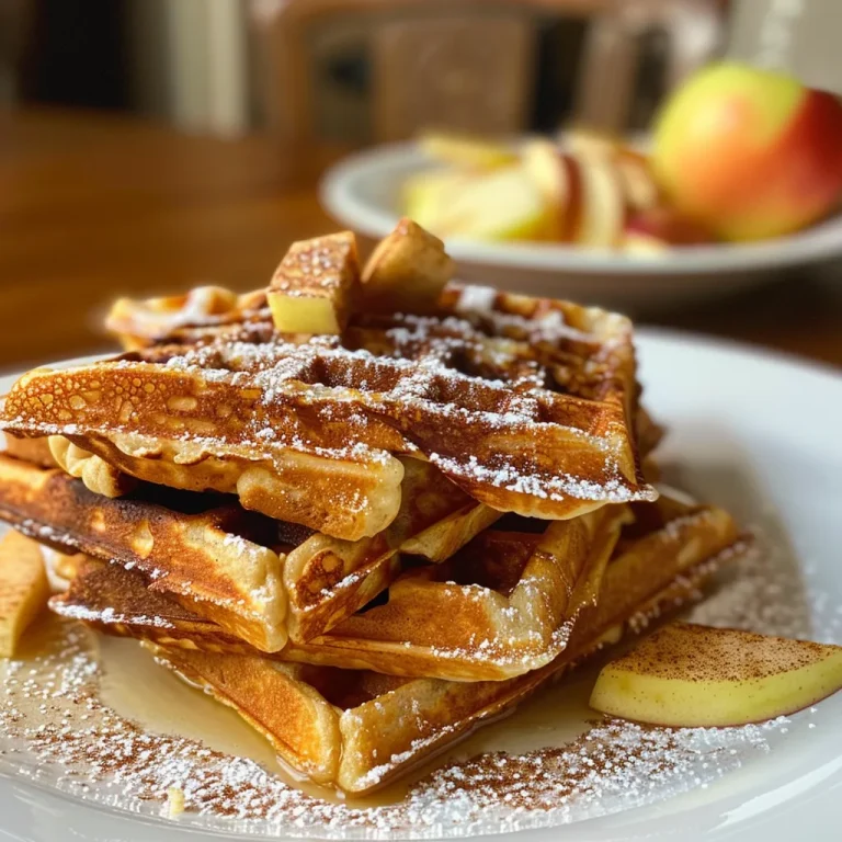 Wake Up to Happiness: Delightful Cinnamon Apple Waffles That Make Mornings Magical Close-up view of golden-brown cinnamon apple waffles, topped with diced apples.