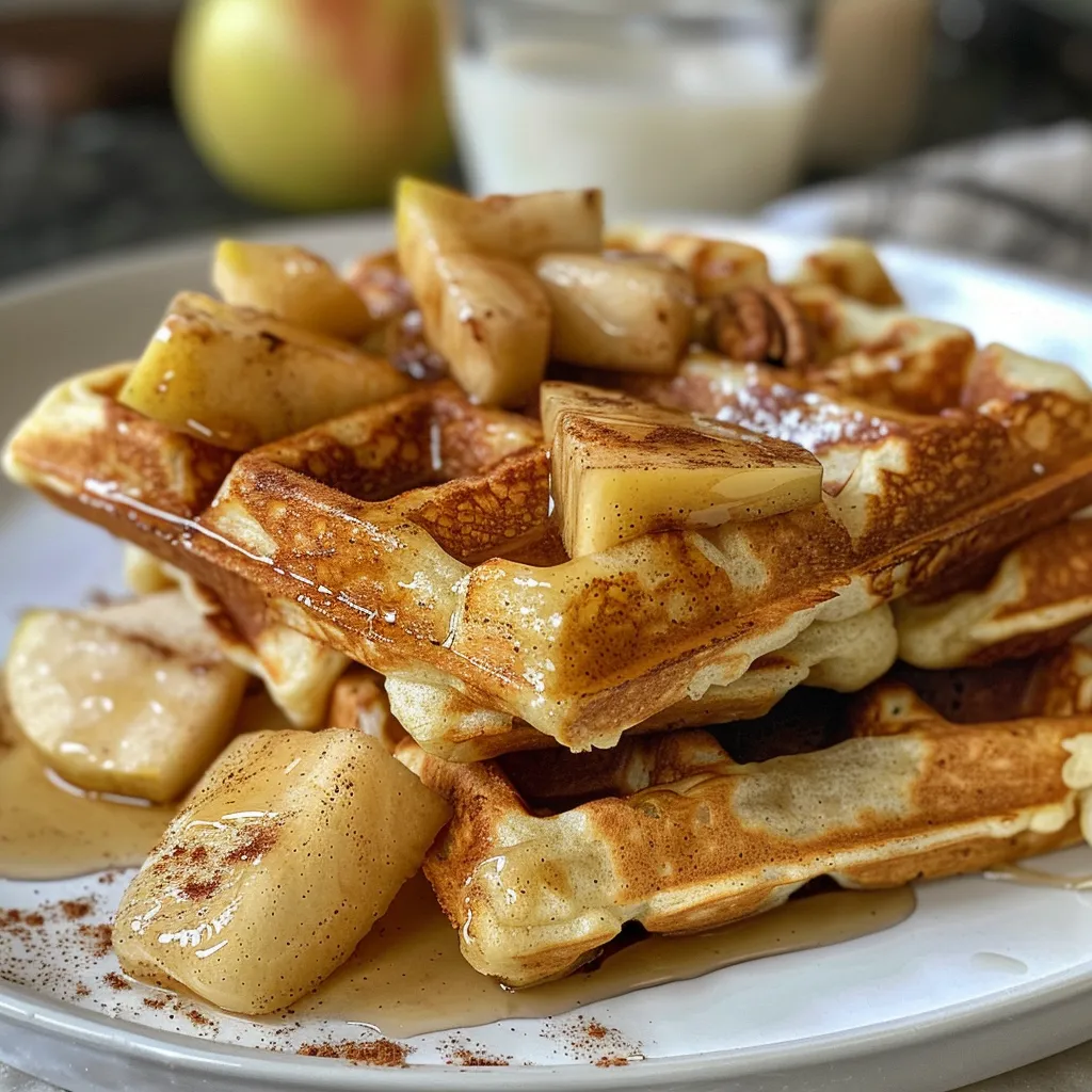 Side profile of fluffy cinnamon apple waffles, showcasing a sprinkle of cinnamon.