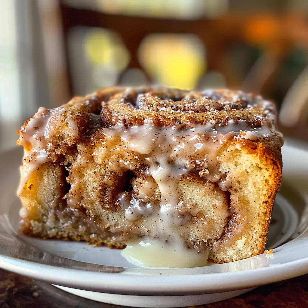 Side view of a moist and fluffy cinnamon roll cake, showcasing its layers and frosting.